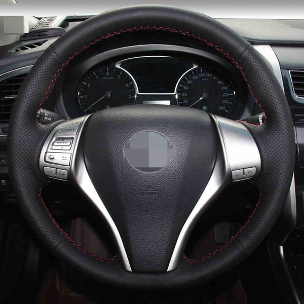 

hand-stitched blackartificial leather steering wheel cover for 2013 teana 2014 x-trail qashqai sentra