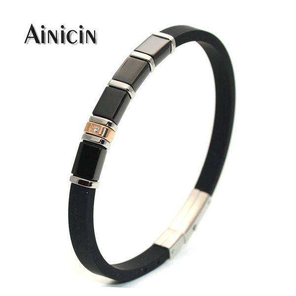 

fashion men's black rubber bracelets 6mm wide adjustable bangles stainless steel zircon cz setting women gift jewelry, Golden;silver