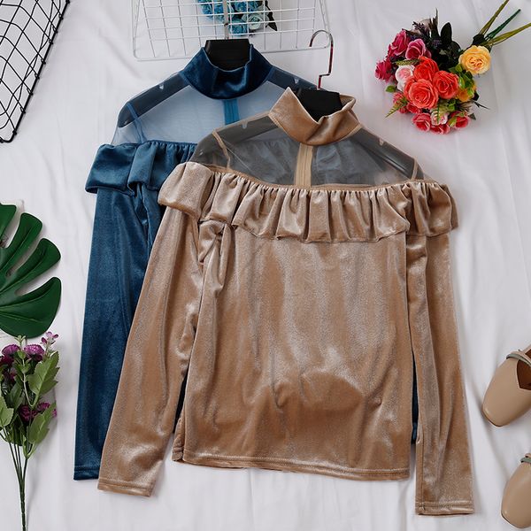 

ruffled velvet blouse women's long sleeve fall/winter gold velvet stitching mesh slim basic shirt lady blouses woman 2019, White