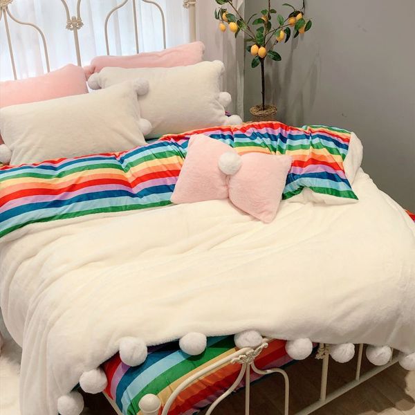 

new white pink gray seven rainbow winter warm flannel velvet fleece princess girl bedding set duvet cover bed sheet pillowcases