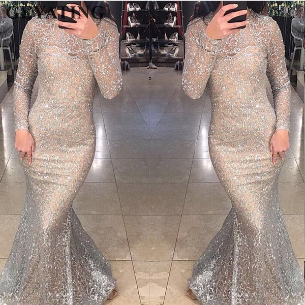 

shiny silver sequins dubai mermaid evening dress long sleeves arabic formal prom dresses 2019 gold bodycon maxi dress party gown, White;black