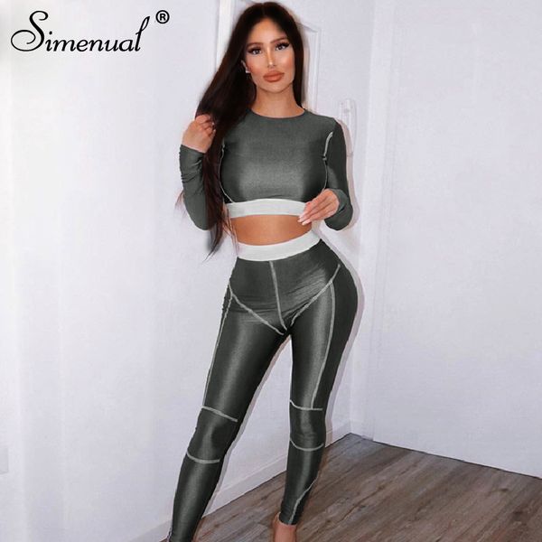 

simenual fitness sporty active wear tracksuits women casual fashion workout 2 piece sets long sleeve and leggings set solid, White