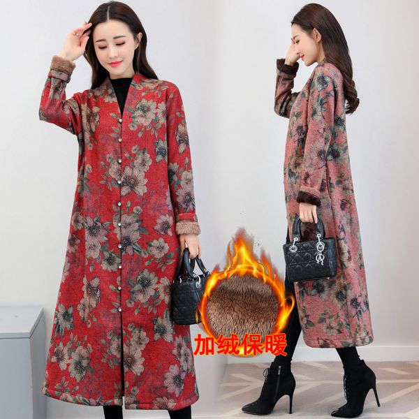 

2019 cotton-padded clothes women's long winter ethnic-style printed brushed and thick retro wool cotton coat, Blue;black