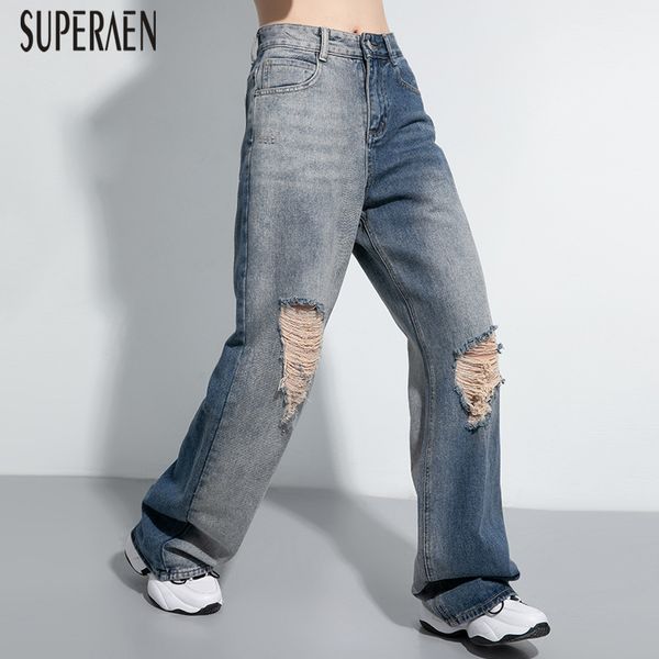 

superaen 2020 summer new jeans women wild fashion casual ladies wide leg pants europe solid color lonh jeans female, Blue