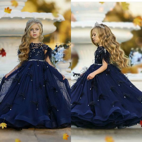 

navy blue flower girl dresses jewel crystal appliqued feather tiered girl pageant gown sweep train custom made skirts birthday gown, White;blue