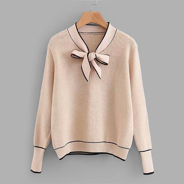 

women designer sweater sweaters woman apricot contrast binding tie neck jumper casual 2019 autumn plain straps long sleeve ladies sweater, White;black