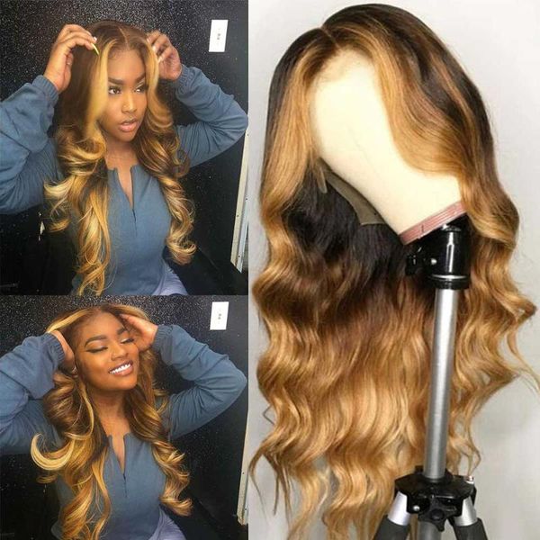 

ombre color 1b/27 highlight colored 13x6 lace front human hair wig brazilian remy hd transparent lace wig pre plucked wavy, Black;brown