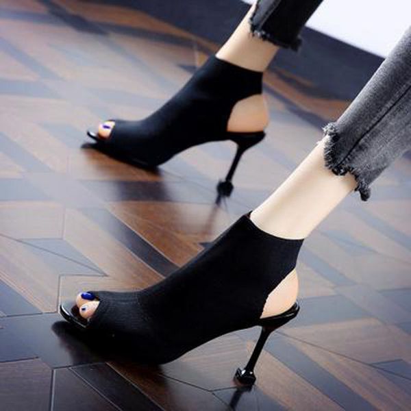 

women's summer sandal new style fish mouth shoes knitted stretch shoes high-heeled web celebrity women's, Black
