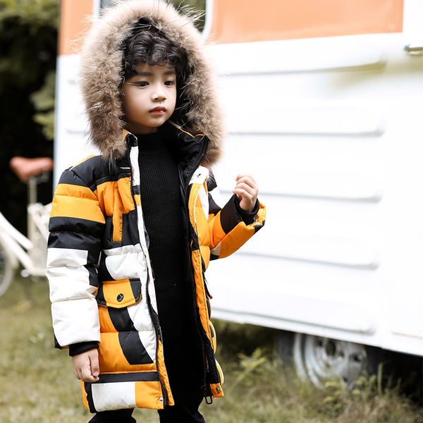 

2019 new brand hooded winter jackets camouflage parkas duck fur collar for teenagers boys girls thick long jackets kids clothes, Blue;gray