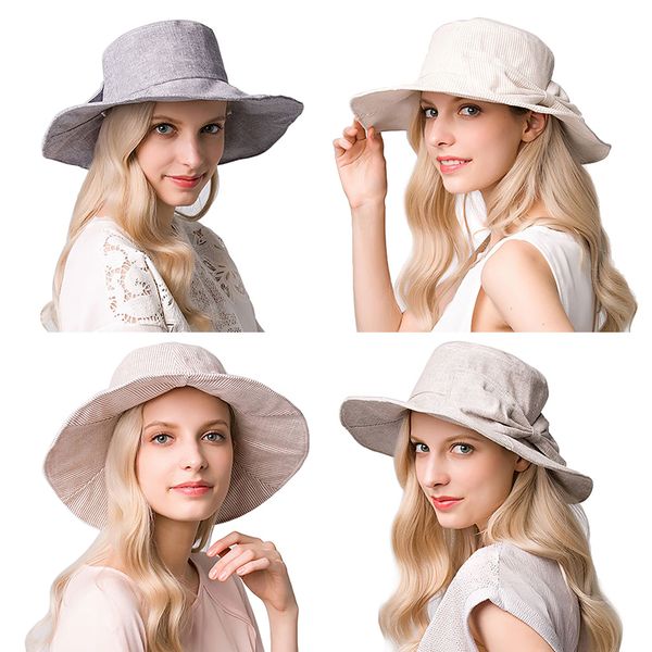 

womens cotton linen beach sun hat plain color large bowknot flexible wide brim stripes print foldable bucket cap with chin strap, Blue;gray