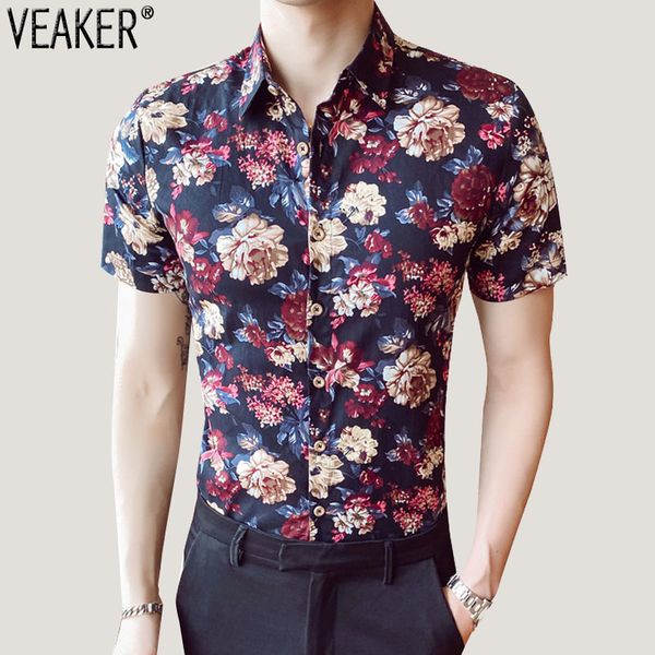 

2020 new men's short sleeve floral shirt men slim fit flower printed shirts basic casual shirts plus size 5xl, White;black