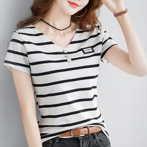 

2019 short-sleeved t- women's large size women's 95 shirt shirt % cotton v-neck button t-shirt, White