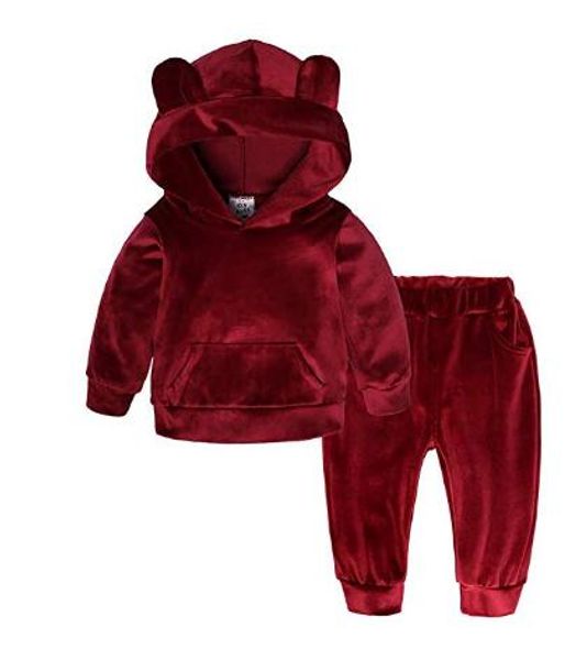 

2pcs toddler boy girl winter clothes sets 1-5y spring solid long sleeve velvet hooded +pants warm outfits set