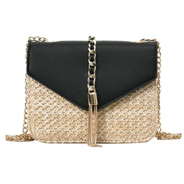 

women rattan shoulder bag straw leather women messenger bag travel small flap handbag tassel beach chain small shoulder