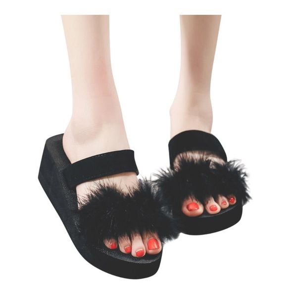 

2020 women slippers feather wedges shoes summer sandals ladies thick bottom beach shoes women platform slippers flip flops, Black