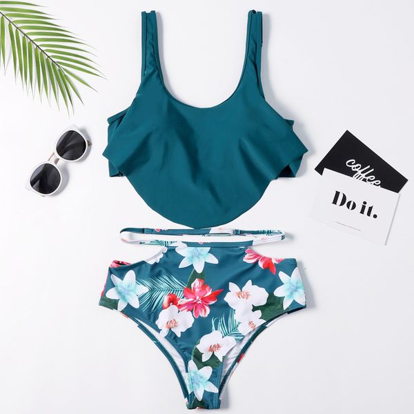 

floral flounced high waist bikini 2019 ladies swimwear women swimsuit female cropped cut out bathing suit biquini tankini