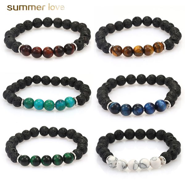 

new handmade 8mm lava stone tiger eye beaded bracelet for men elastic natural stone healing balance yoga bracelet fashion jewelry gift, Black