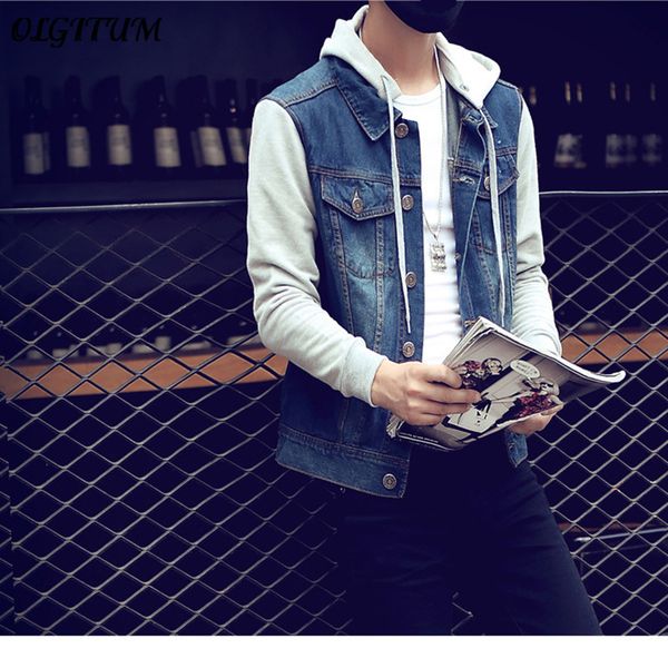 

2018 new fashion arrive autumn men 's jacket denim hooded jacket jean sweatshirt sleeve denim, Black;brown