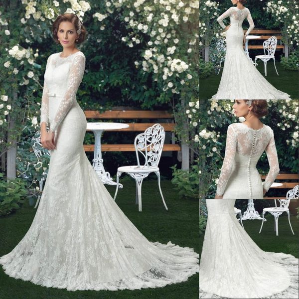 

long sleeve lace mermaid wedding dress 2020 jewel sheer neck bride gowns with sash bow button beach illusion wedding bride, White