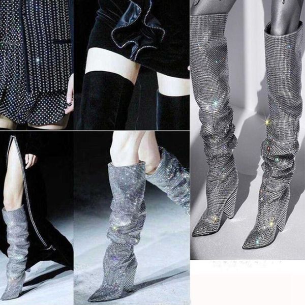 

crystal knee high boots women high heel boots runway shoes glitter spike heel pointed toe booties ladies, Black