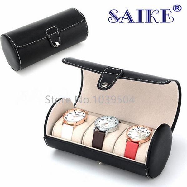 

round 3 grids brand leather watches box watch display box fashion watch or bracelet boxes case w112, Black;blue