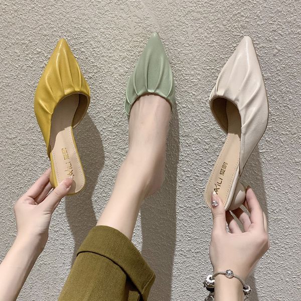 

slippers casual mules for women 2020 slides med shoes pantofle cover toe square heel new heels block pointed pumps high, Black