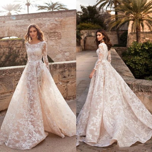 

naviblue 2019 a line wedding dresses scoop neck long sleeve lace bridal gowns abiti da sposa custom illusion plus size wedding dress, White