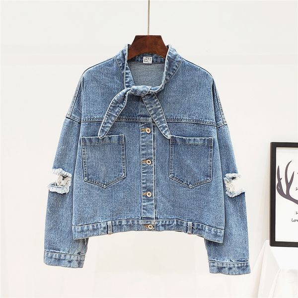 

2019 early autumn hole bow tie denim short coat loose, Black;brown