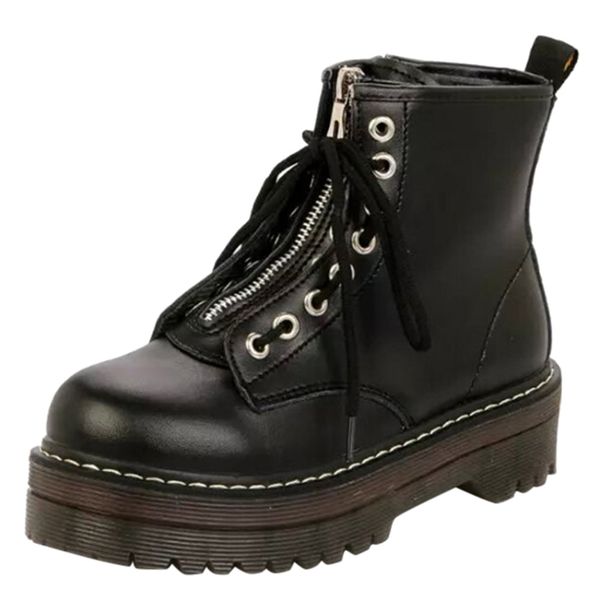 

women's boots ankle shoes winter round toe single shoes front lace-up boots non-slip zipper female high quality, Black