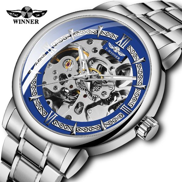 

winner men automatic mechanical watch silver stainless steel band luminous hands wrist watches masculino relogio, Slivery;brown
