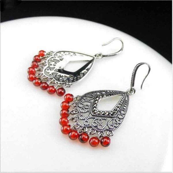 

wholesale- silver earrings ear drop for women thai silver hollow pattern inlaid red pomegranate green natural stone tassel earrings