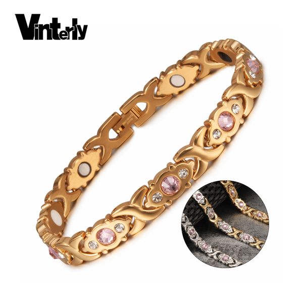 

vinterly magnetic bracelet women chain crystal gold-color stainless steel bracelet women cross health energy bracelets for women, Golden;silver