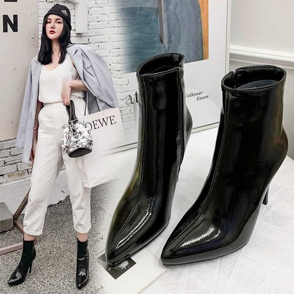 

2020 new women boots ankle pu leather zipper booties high heels autumn shoes black winter boots zapatos de mujer pointed toe