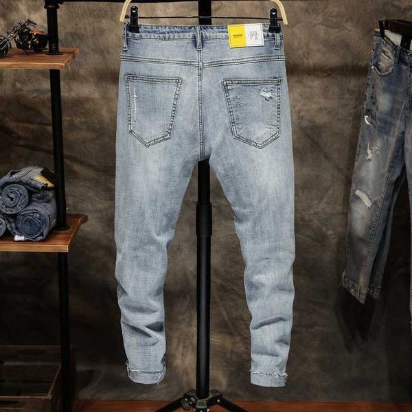 

fashion ankle zipper skinny jeans for men jeans stretch destroyed ripped men's mid-rise tight-leg stretch crop casual blue
