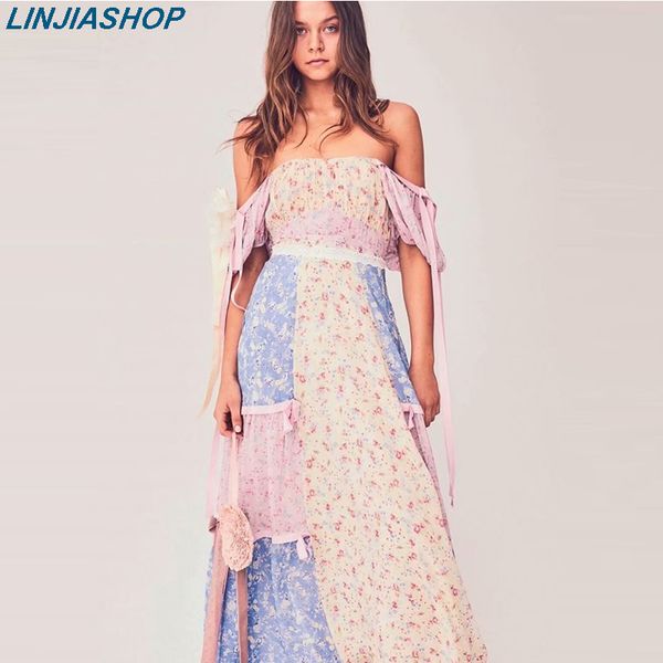 

boho loveshack summer dress square neck ruffles slim high waist silk-like holiday ins bloggers patchwork special interest dress, Black;gray