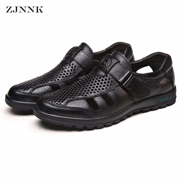 

zjnnk men father sandals cow leather black brown male summer shoes breathable hard-wearing hollow men shoes 839
