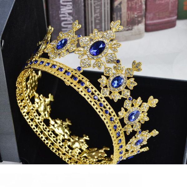 

luxury gold metal tiara and crown crystal rhinestone full circle queen bride hair jewelry diadem wedding bridal hair accessories mx190817, Golden;white