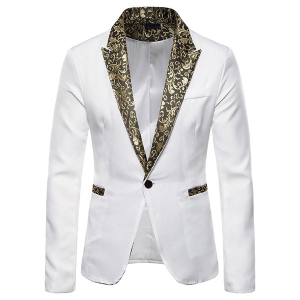 

mens slim fit single button white tuxedo blazers floral jacquard lapel wedding groom blazer men stage singers prom blazer masculino, White;black