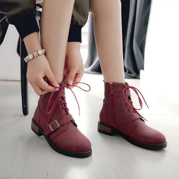 

new arrival women walking shoes ladies ankle boots with buckle low heels boots round toe cross tied female winter warm, Black
