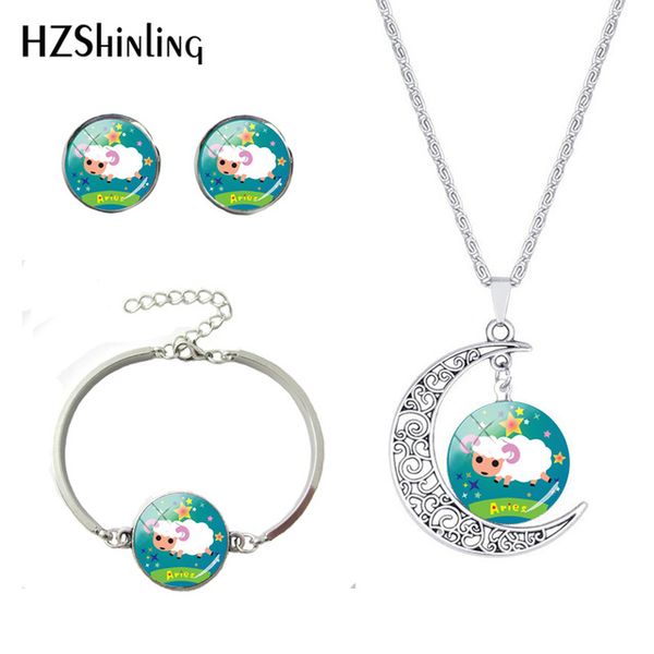 

cartoon horoscope signs zodiac symbol moon necklace bracelet earring fashion constellations series jewelry set for kid gift, Slivery;golden