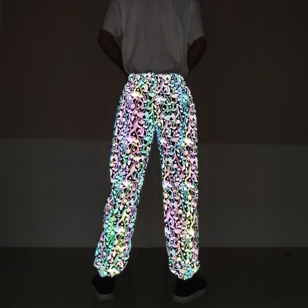

autumn men mushrooms hip hop reflective pants nightclub dj punk rock stage costume women harajuku casual joggers sweatpants, Black