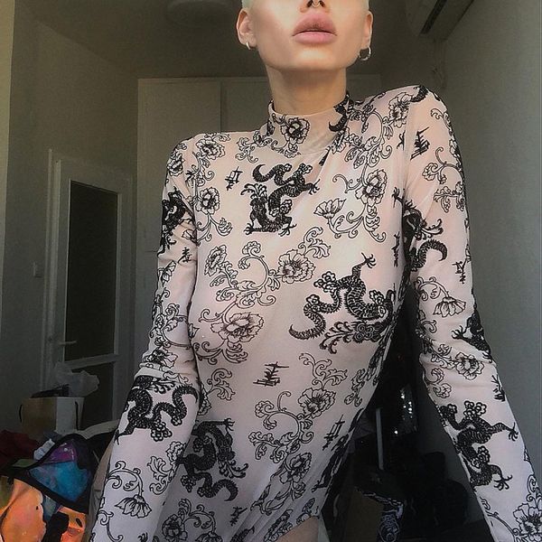 

Womens Dragon Pattern Perspective Jumpsuits Sexy Designer Long Sleeve Skinny Clothing Street Style Shorts Night Club Rompers