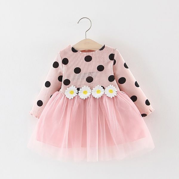 

autumn baby girl dot print tutu princess dresses long sleeve appliques patchwork mesh dress for girls, Red;yellow