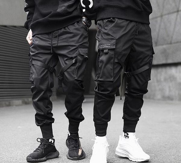 

hip hop cargo pants pockets men streetwear harajuku joggers pants hiphop swag ribbion harem pants fashion casual trousers, Black