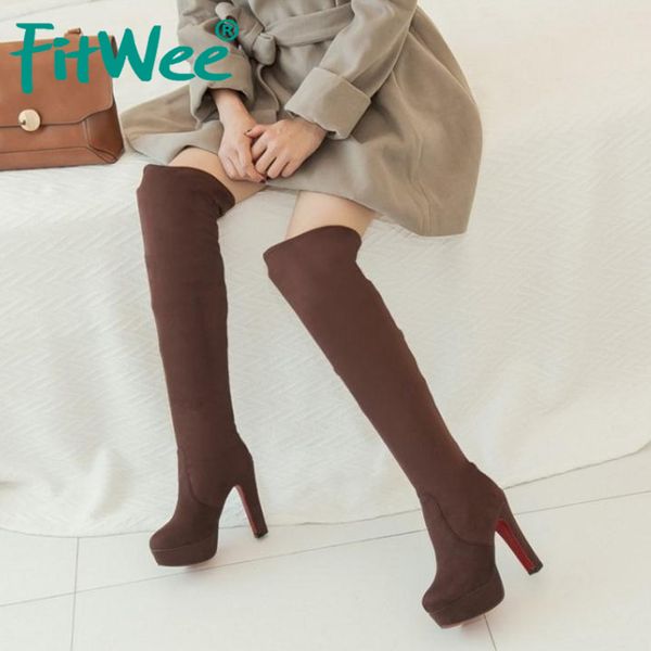 

fitwee fashion women high heels boots leopard platform warm shoes women winter fur boots over the knee shoes size 34-43, Black