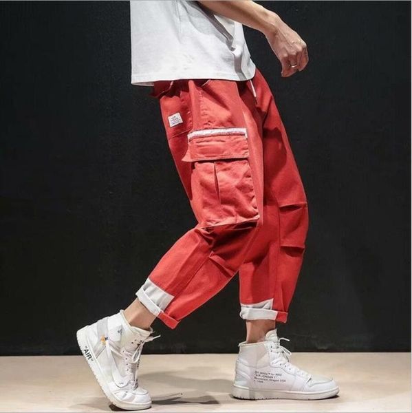 

yuur men's multi pockets cargo harem pants hip hop casual male track pants joggers trousers fashion harajuku men, Black