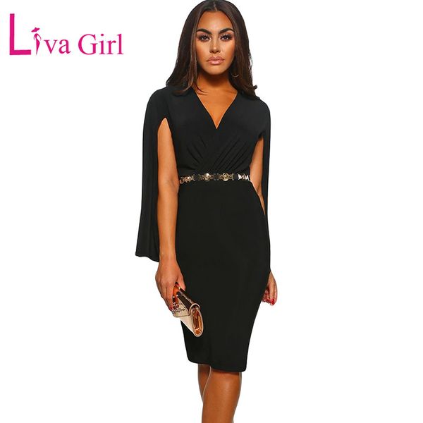 

liva girl elegant bodycon party midi dress women 2019 ruched cape wrap front v neck dresses casual formal feminine vestidos, Black;gray