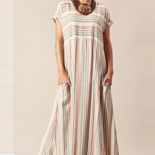 

long dress pockets summer women o-neck plus size fashion stripe print short sleeve maxi dress vestido casual robe longue boheme, Black;gray