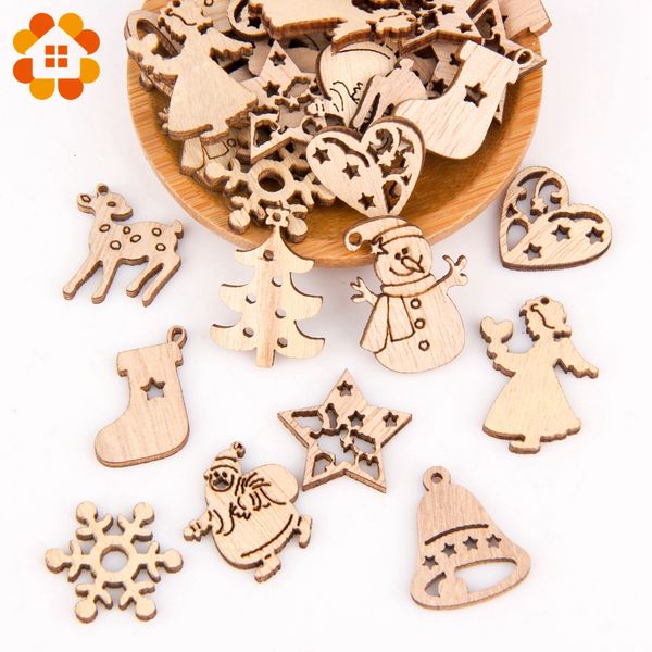 

50pcs multi styles creative wood chips pendants christmas series decorations heart star xmas tree ornaments wooden crafts decor