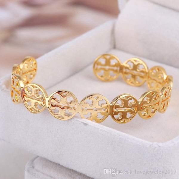 

new style stainless steel round gold cuff bangle with double t design for women rose gold hollow out logo open pulsera bracelet fine jewelry, Black